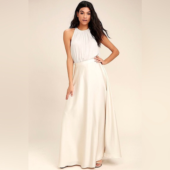 Lulus Picture Perfect Satin Long Maxi Skirt, Off White Cream, Size L, NWT - Picture 1 of 14